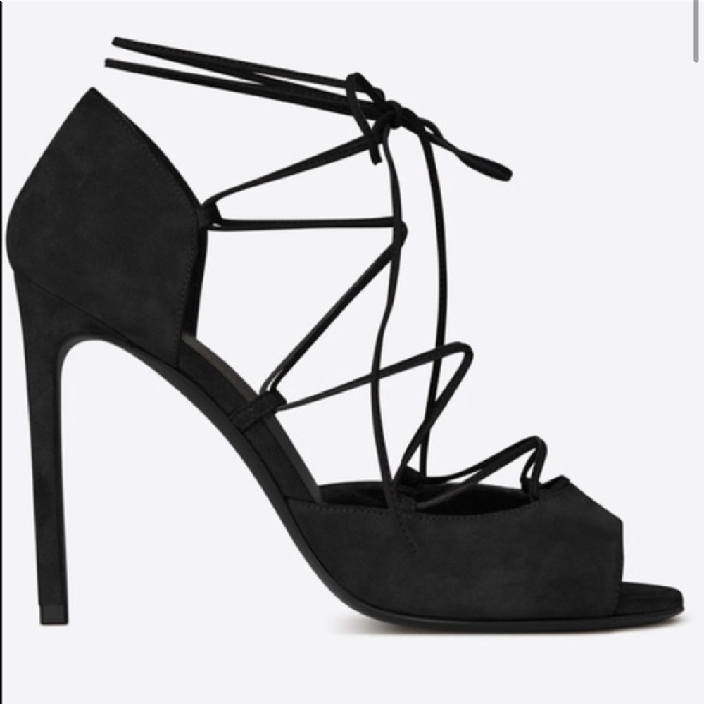 Saint Laurent Black Open Toe Lace Up Suede Sandals